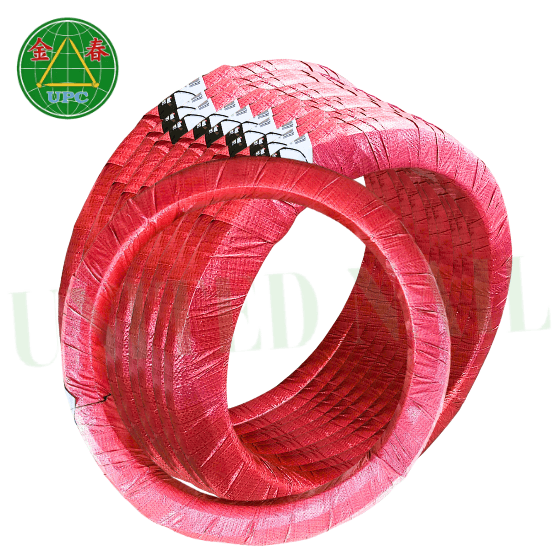 A heavy-duty coil of binding wire neatly wound, showcasing its shiny metallic finish, ideal for construction use.