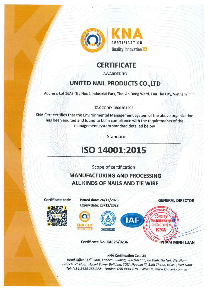United Nail Products Co., Ltd has officially achieved ISO 14001: 2015 certification